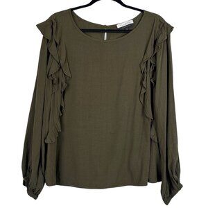 Eloquii Ruffle Long Sleeve Blouse Women’s Plus Size 20 Olive Green Dark Feminine